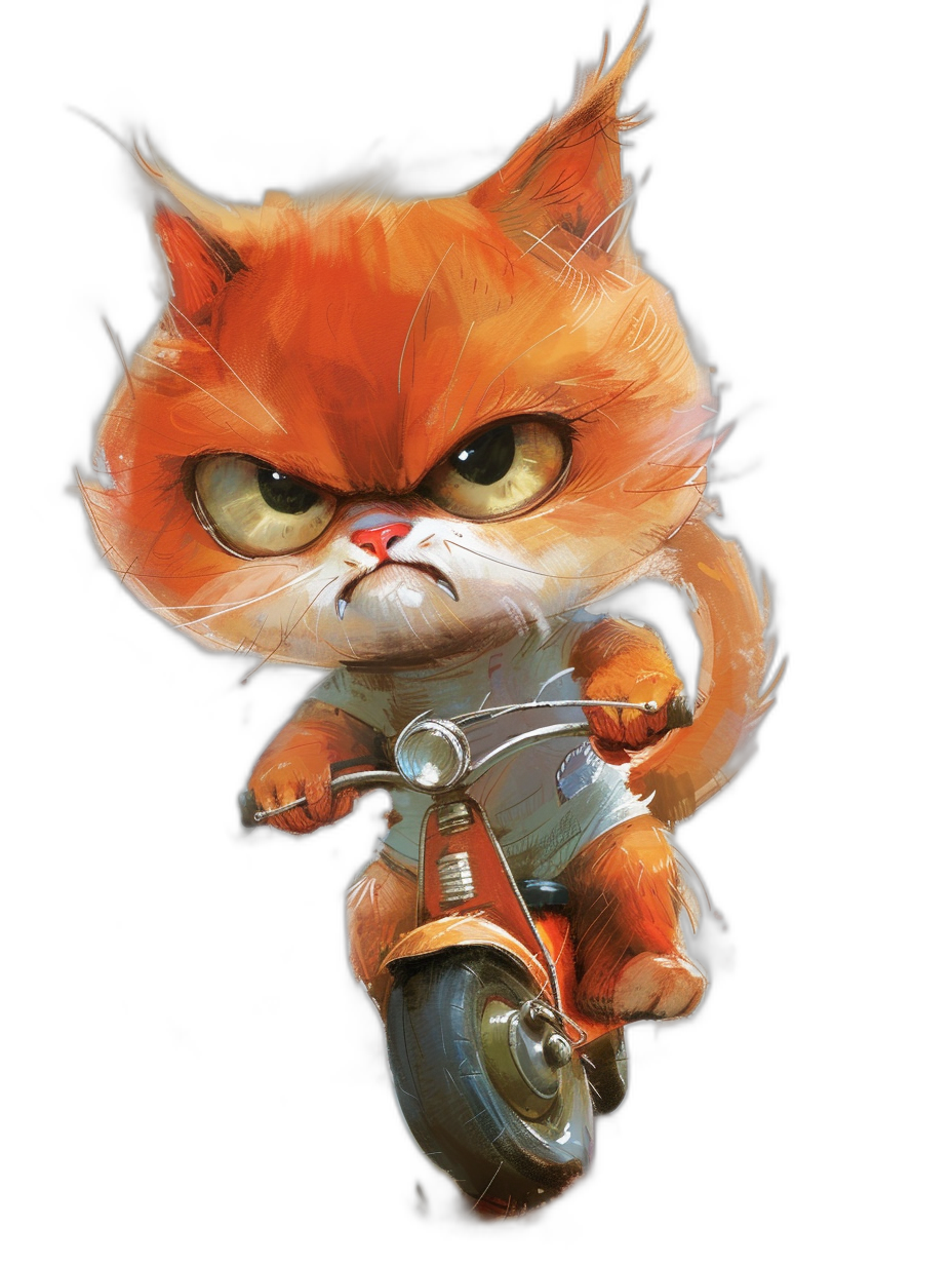 grumpy orange cat with big eyes, wearing white shirt and jeans shorts riding on small motorbike, angry face, cartoon style, isolated black background, by Pixar Studio, digital art techniques, digital painting, vibrant colors, detailed fur texture,