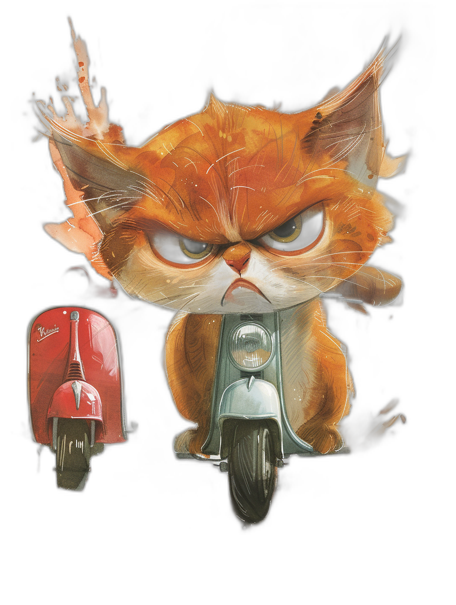 vector t-shirt design of a cute angry cat riding on a red vespa, isolated on a black background, digital art in the style of Disney and Pixar, a beautiful illustration for a kids book cover, with a watercolor style and soft colors, high quality, high resolution, charming characters