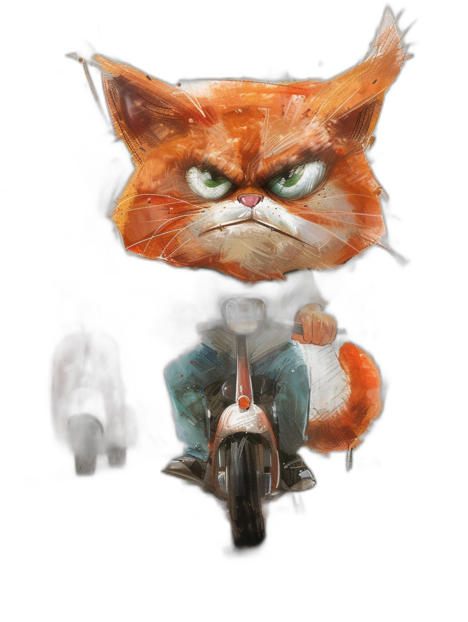 front view of an angry orange cat with green eyes, riding on the backside of a moped in white trousers and blue shirt, black background, in the style of [Tim Burton](https://goo.gl/search?artist%20Tim%20Burton), foggy atmosphere, high resolution, high details, digital painting, concept art, smooth brushwork, soft shadows, cinematic light, high contrast, sharp focus, illustration, airbrushed style, fantasy, character design, in the style of hyper realistic, vector, digital drawing, simple, flat colors, inkarnate