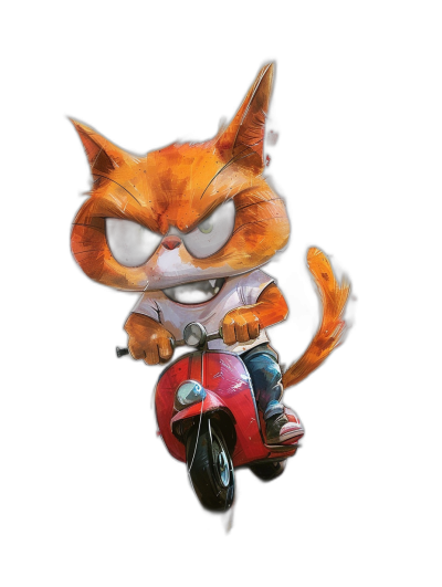 Cute cartoon orange cat, wearing a white T-shirt and jeans, riding a red scooter with sunglasses on its face and an angry expression, full body portrait against a black background in the style of digital art.