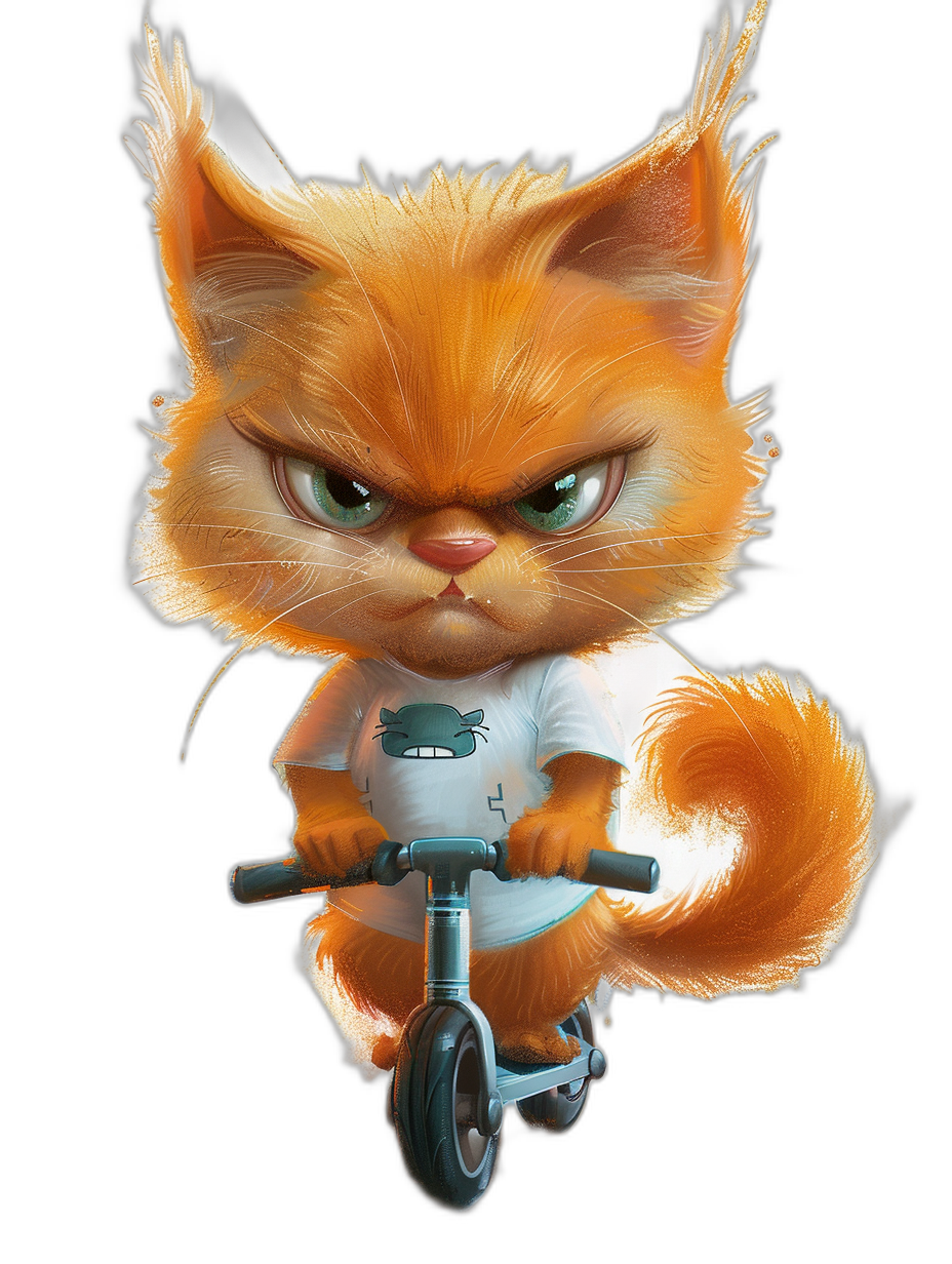 character design of an orange cat with big green eyes and a fluffy tail wearing a white t-shirt riding a scooter on a black background, in the style of Pixar, 3D rendered, cartoonish, cute, adorable, with detailed octane rendering at a high resolution in a hyper realistic style.