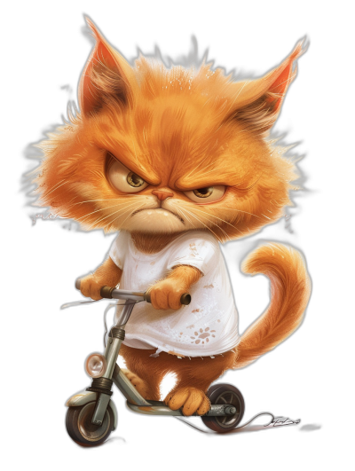 A cute orange cat with an angry expression, wearing a white t-shirt and riding a scooter, black background, digital art in the style of [Loish](https://goo.gl/search?artist%20Loish) and [Goro Fujita](https://goo.gl/search?artist%20Goro%20Fujita), full body portrait, cute cartoon design, high resolution, high quality, high detail, sharp focus.