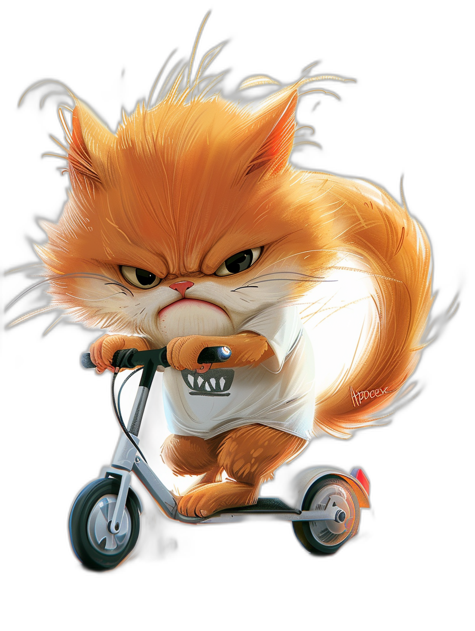 realistic digital illustration of an angry ginger cat wearing a white t-shirt, riding a scooter on a black background, character design in the style of Pixar, Disney render, cute and adorable, playful lines, cute expression.