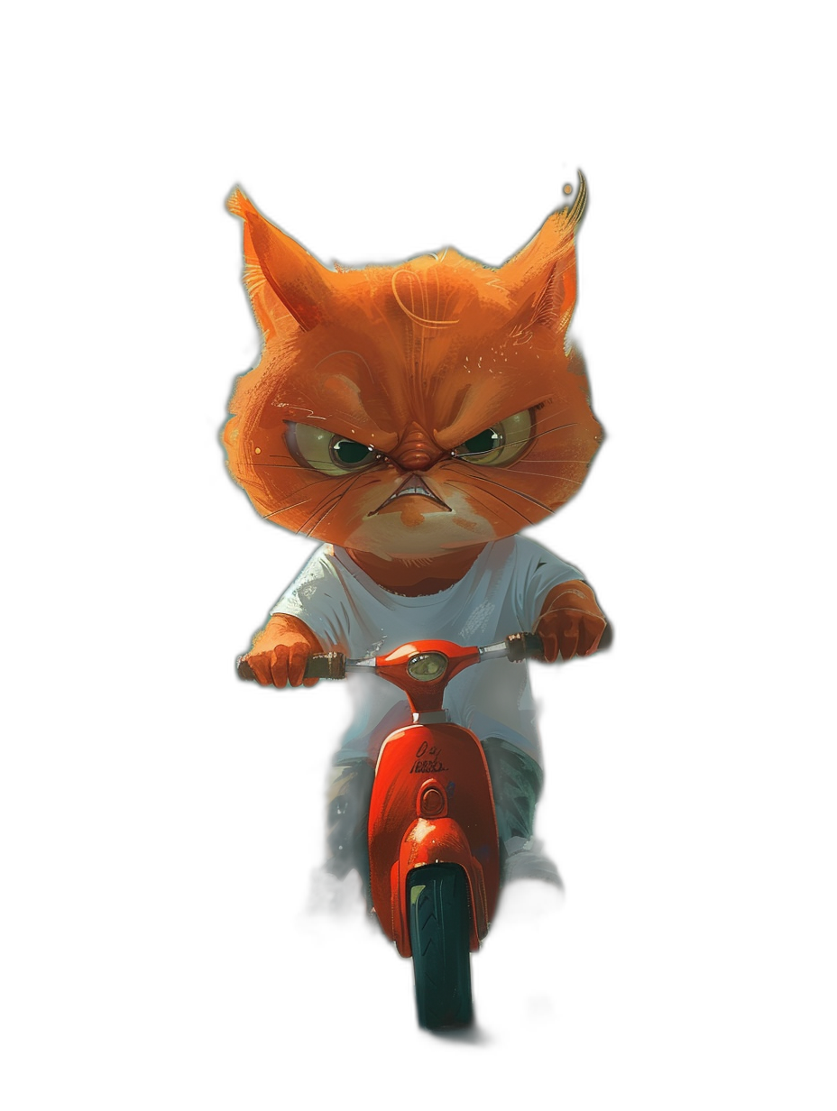 A cute orange cat character, with an angry face riding a red scooter, wearing a white t-shirt against a black background, concept art in the style of Pixar and [Atey Ghailan](https://goo.gl/search?artist%20Atey%20Ghailan).