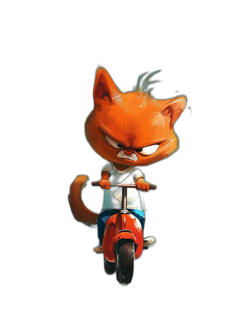 orange cat cartoon character riding scooter, angry expression, white t-shirt and blue jeans, black background, in the style of Pixar