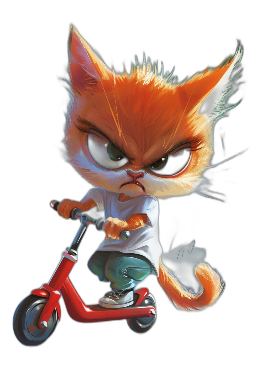 grumpy orange cat with big eyes wearing a white t-shirt and green jeans riding a red scooter, in the style of [Tiago Hoisel](https://goo.gl/search?artist%20Tiago%20Hoisel), caricature-like, playful caricatures, high resolution photo, black background