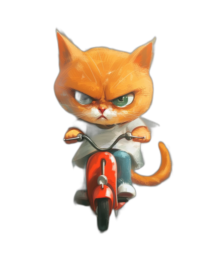 Cute orange cat character riding on a motorbike with an angry face and simple facial expressions in the concept art style of Pixar and [Atey Ghailan](https://goo.gl/search?artist%20Atey%20Ghailan). The isometric view shows the full body shot against an isolated black background in a children's book illustration style with simple color details. The cat rides a red scooter.