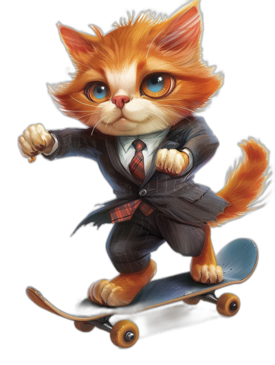 Cute cat in suit and tie riding on skateboard, detailed character illustrations, isolated black background, cartoon style, colorful, adorable digital art in the style of [Artgerm](https://goo.gl/search?artist%20Artgerm) and [Greg Rutkowski](https://goo.gl/search?artist%20Greg%20Rutkowski) and in the style of [Alphonse Mucha](https://goo.gl/search?artist%20Alphonse%20Mucha),