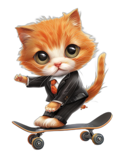 Cute chibi orange cat in a suit riding on a skateboard, vector illustration in the style of [Martin Ansin](https://goo.gl/search?artist%20Martin%20Ansin) and [Atey Ghailan](https://goo.gl/search?artist%20Atey%20Ghailan), solid black background, cute, adorable, happy face, fluffy fur, big eyes, dynamic pose, detailed details, high resolution, high contrast, realistic, fine detail.