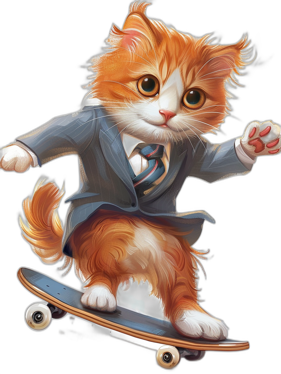 a cute fluffy orange and white cat wearing blue suit, riding on skateboard , vector illustration with black background, high quality details, high resolution, sticker art, detailed illustrations, charming characters, high definition