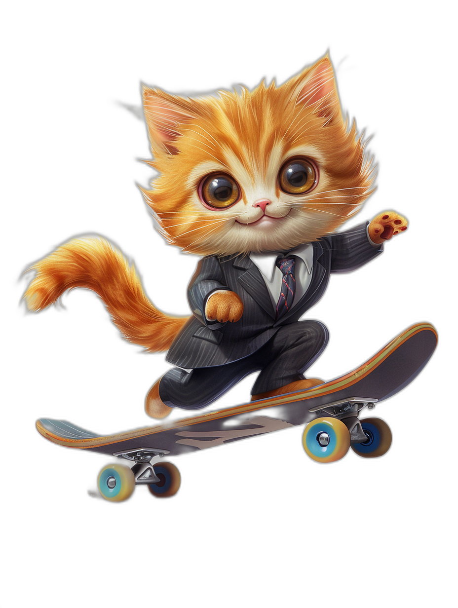 digital art of a cute fat orange kitten, wearing a business suit and skateboard, on a black background, with big eyes, a lovely cat, fluffy, winking and smiling in the style of Pixar.