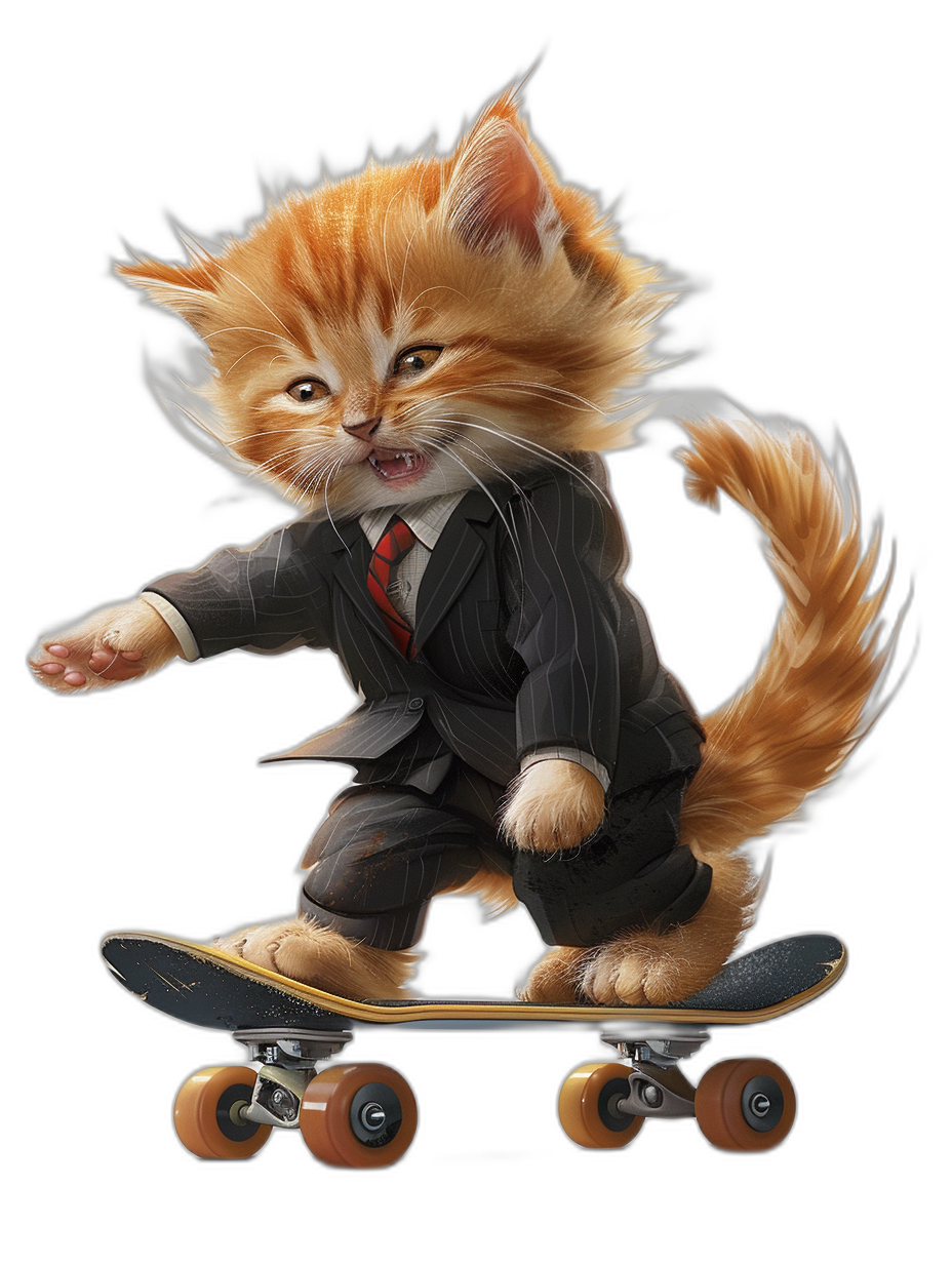 realistic digital illustration of an orange cat wearing suit and tie, riding on skateboard, full body view with tail up in the air, isolated black background, by equipped with high-resolution camera, high definition, sharp focus, extreme detail, cinematic lighting, volumetric lighting, cinematic quality,