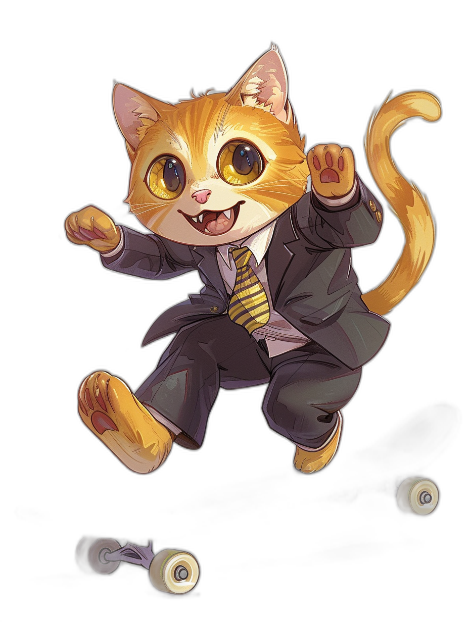 A cute golden cat in a suit and tie, playing skateboard on a black background, with yellow eyes, a smiling face, in the style of anime.