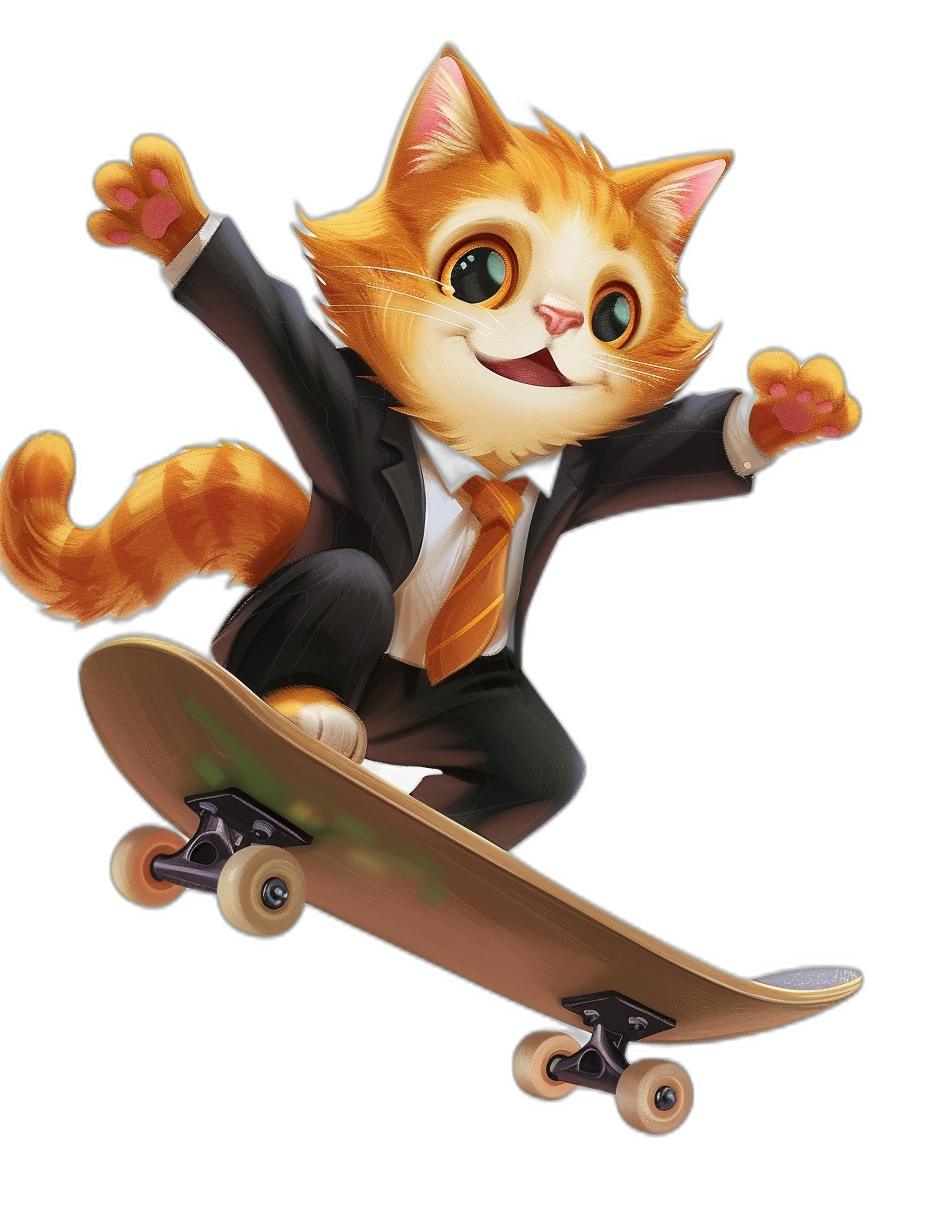 Cute cat in a suit and tie riding a skateboard in the style of a cartoon, on a black background, in the style of 2D game art, with a simple design and simple details. The cute cat has big eyes on its face and is smiling while skateboarding. The cat has orange fur for its hair and body, wearing dark pants and white shoes with brown laces around them. A cartoon character concept art.