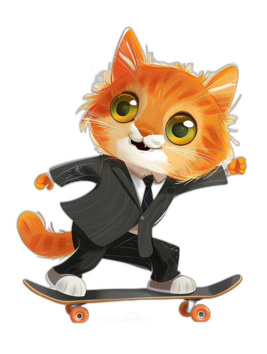 Cute cartoon orange cat, wearing a black suit and tie, skateboarding on the street, green eyes, full body portrait, black background, high definition wallpaper, cute cartoon design style, high resolution, high quality, cute expression, lively facial features, in the style of a colorful ink painting, black skateboard, cute little red kitten, cute pet illustration, anthropomorphic cat character, anthropomorphism