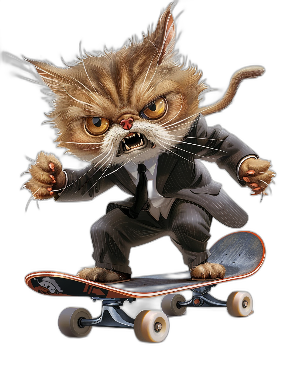 hyper realistic cartoon illustration of an angry cat in a suit riding on a skateboard, black background, full body portrait, funny art in the style of [Skottie Young](https://goo.gl/search?artist%20Skottie%20Young), immense details in the Vesalius style