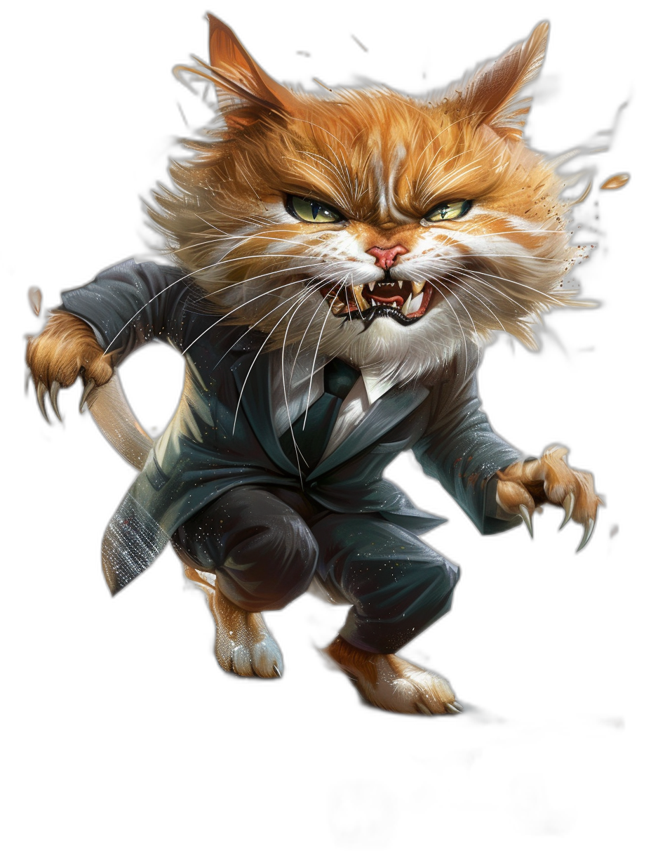 A full body shot of an angry ginger cat wearing a business suit, isolated on a black background, in the style of [Tiago Hoisel](https://goo.gl/search?artist%20Tiago%20Hoisel) and a caricature-like illustration, playful character design, bold colors and ink drawing, editorial illustrations, graphic prints.