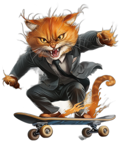 realistic digital illustration of an angry ginger cat in a suit, riding on a skateboard, black background, full body portrait view, smoke and fire around the cat's head, sharp focus, high resolution in the style of an angry ginger cat.