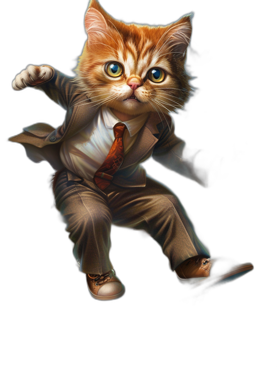 A ginger cat in a suit and tie is flying, full body, cute cartoon design, black background, digital art in the style of Kienan Lafferty, game concept art