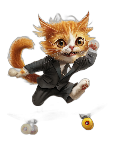 A cute orange cat in a suit, in the style of a cartoon character design, jumping on rollerblades with yellow wheels on a black background, with a cute and funny expression, big eyes, high definition wallpaper, a full body portrait, 3D rendering, professional lighting effects, detailed depiction, exquisite details, strong contrast between light and dark, bright colors, lively movements.