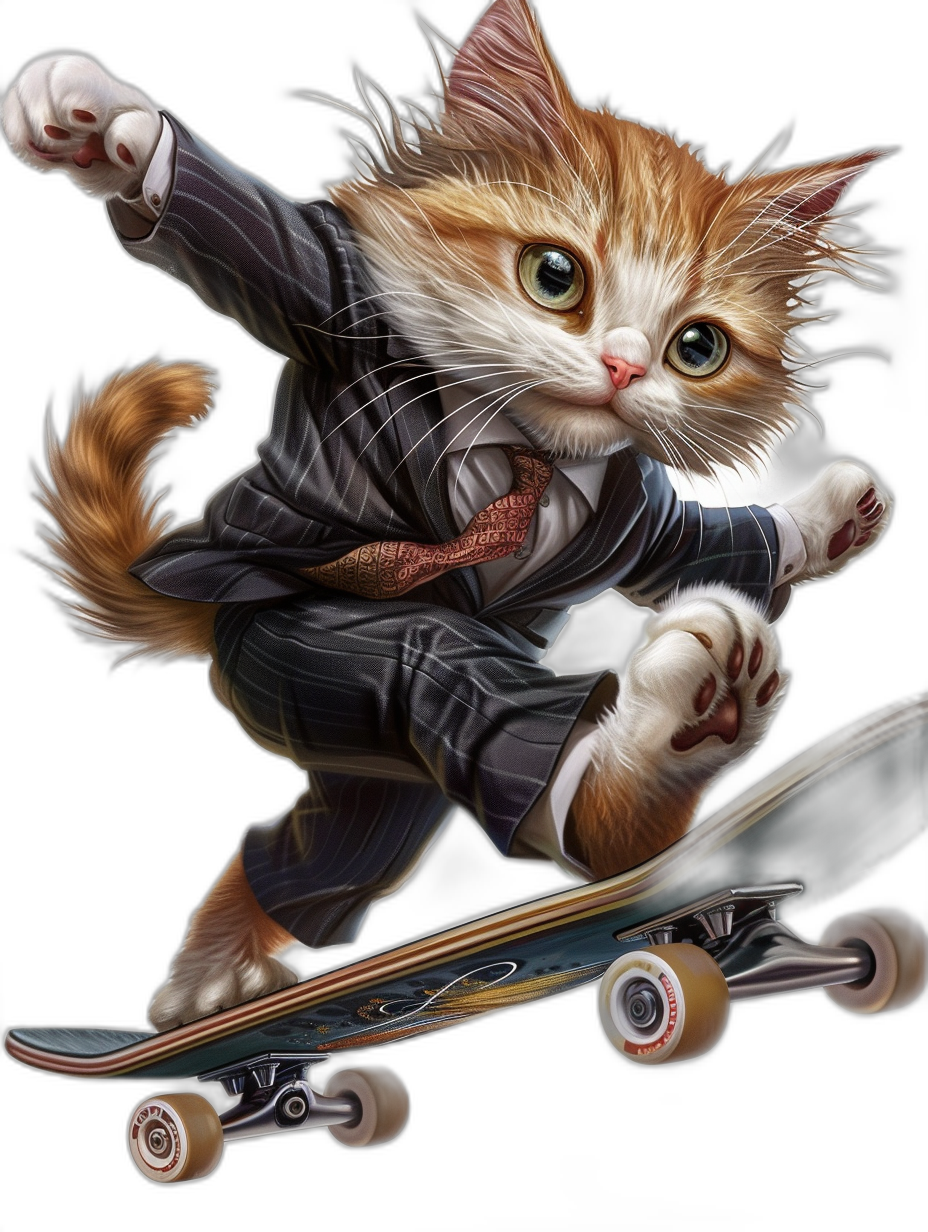 Cute cat in suit and tie riding skateboard on a black background, in the style of Scott Jichman, in the [Artgerm](https://goo.gl/search?artist%20Artgerm) art style, highly detailed, highly realistic, ultra high resolution, sharply focused, colorized