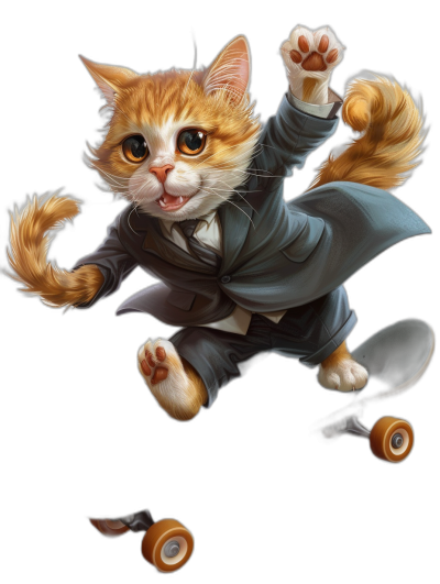 A cute ginger cat in a suit, riding on a skateboard in the style of cartoon, on a black background, vector art, 2D render, with detailed fur and eyes, flying up in a cool pose, wearing business , high resolution, high detail, sharp focus, studio lighting, professional photo, digital painting, concept art.