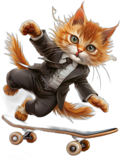 A dynamic and fun illustration of an orange cat wearing a suit and tie, doing a skateboard trick in the vector art style, isolated on a black background, as a t-shirt design graphic. The illustration is ultra detailed with natural colors and a bright color palette, with heavy inking and 3D shading reminiscent of a vintage comic book poster.