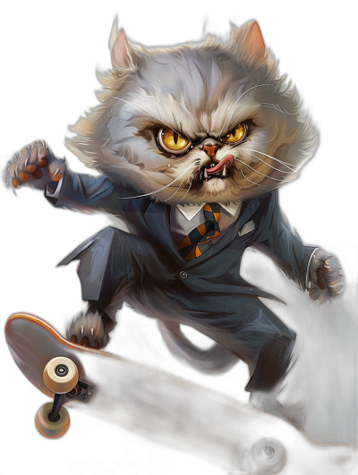 character design of an angry persian cat in suit and tie, riding on skateboard, by [Artgerm](https://goo.gl/search?artist%20Artgerm), full body shot with black background,