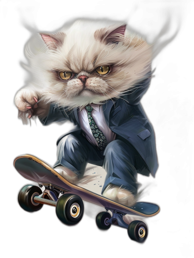 realistic digital illustration of an angry fluffy cat in suit and tie, riding on skateboard, black background, full body portrait view