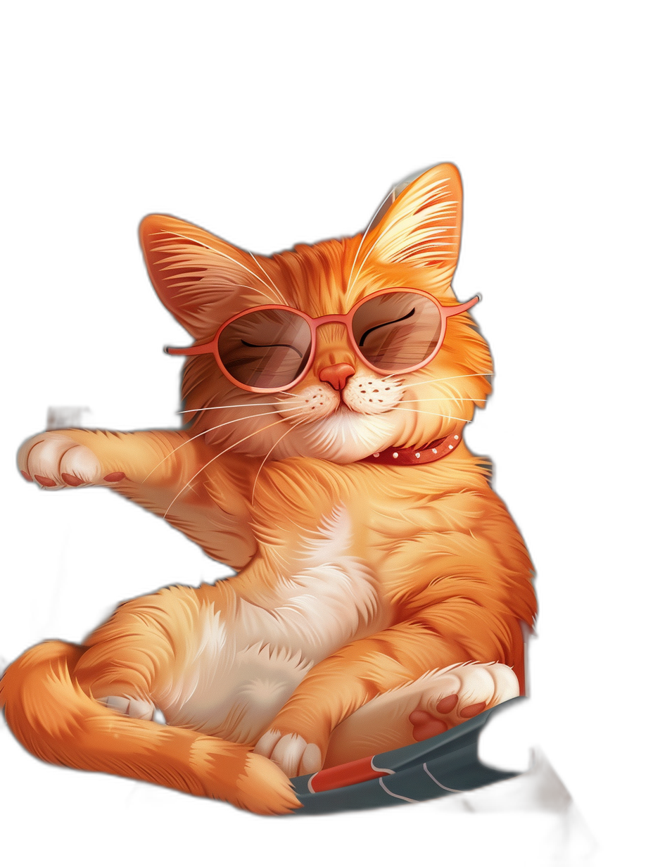 digital art of cute and fat orange cat , wear sunglasses, holding the mouse in hand , black background , chill vibes