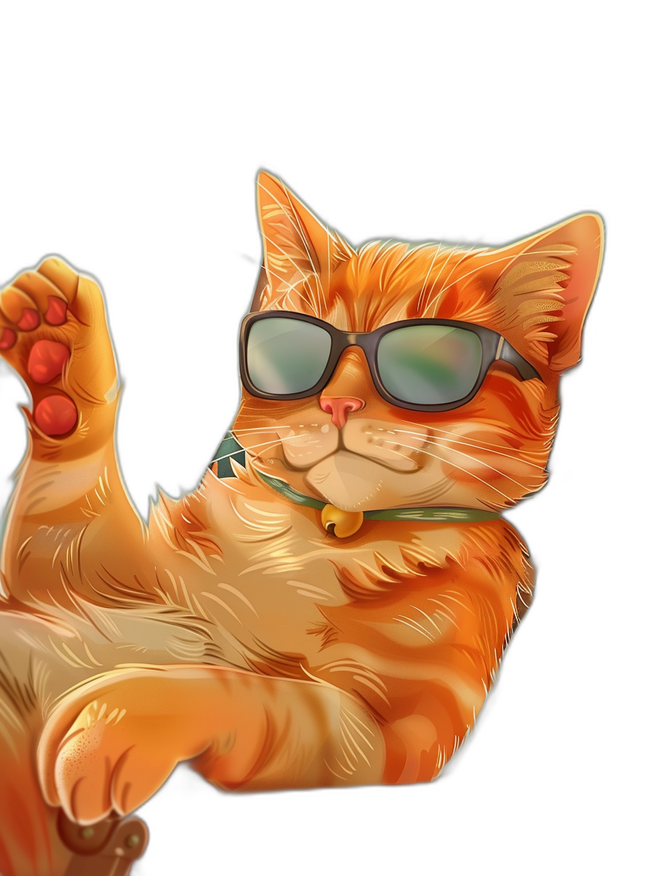 digital art of cool and fat orange cat , wearing sunglasses, raising left paw to the sky with black background, chill out pose