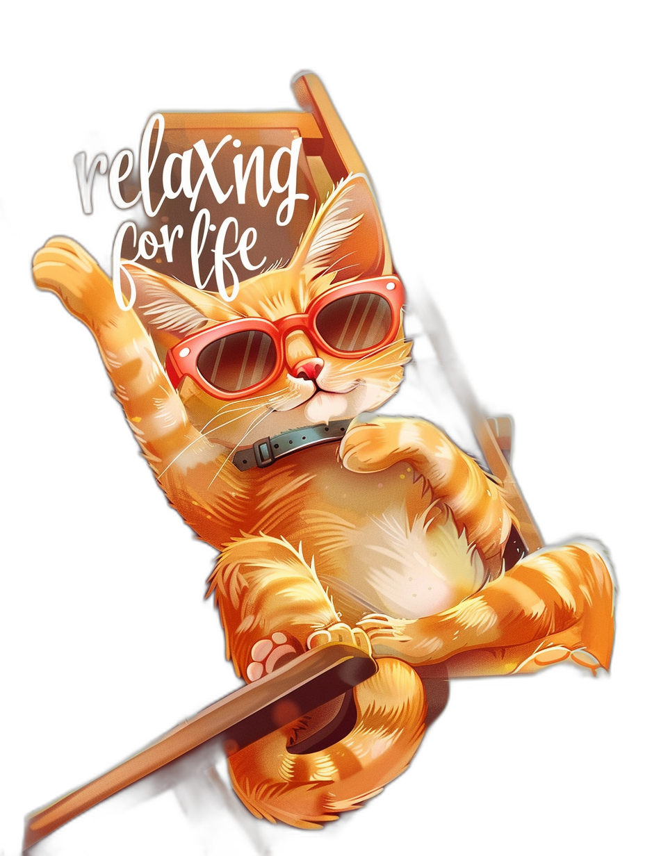 A cartoon illustration of an orange cat wearing sunglasses, sitting on top of a pool stick with the words “relaxing for life” written above it, t-shirt design graphic, in the style of an ultra detailed illustration, isolated in black background