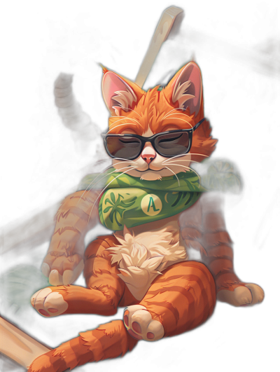 A cute cartoon orange cat with black sunglasses and a green scarf sitting on the floor in the style of [Artgerm](https://goo.gl/search?artist%20Artgerm). The digital art features a cartoon style and was featured in Hearthstone card designs. It has a dark background with the full-body character concept in a high contrast style with dynamic shadows and composition. The 2D illustration was for a game card design.