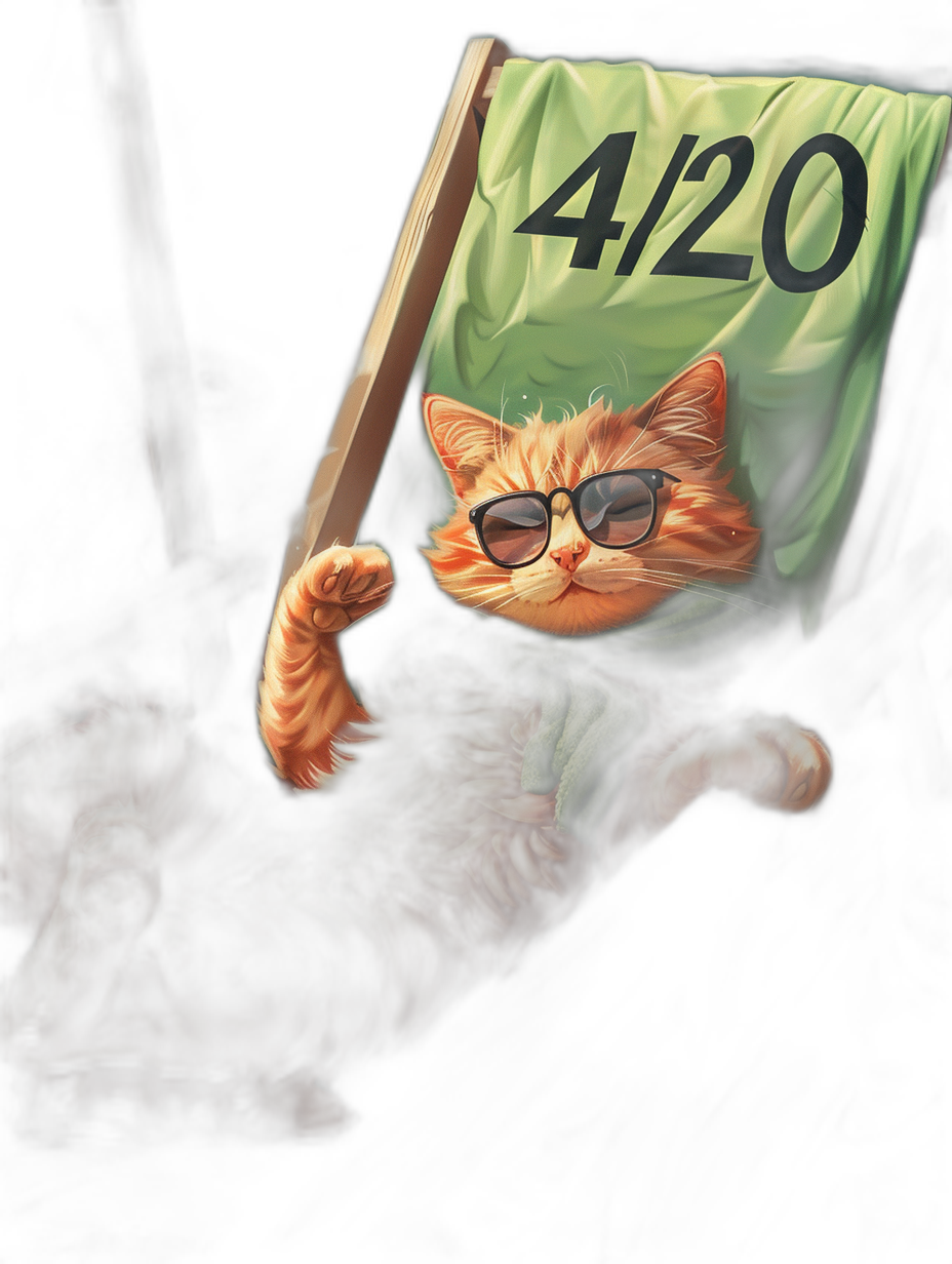 digital art of a cute kitten, wearing sunglasses and a blanket, holding a cannabis banner with the text “420” on a black background in the style of an anonymous artist.