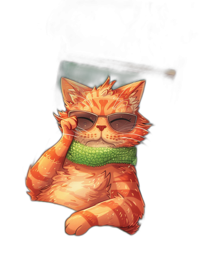 A cute orange cat with sunglasses and a green scarf doing a funny pose in the style of vector art on a black background.