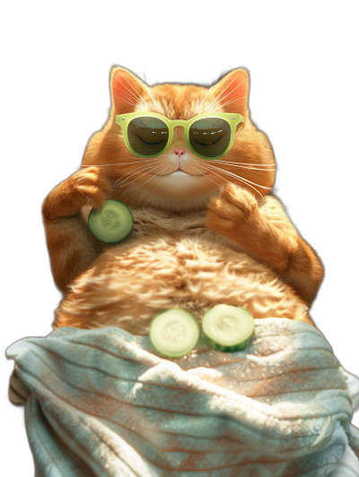 A ginger cat wearing sunglasses and sitting in an spa with cucumber slices on its paws, black background, photorealistic, funny, cute