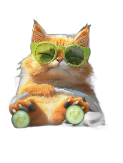 digital art of a cute fat orange cat wearing green sunglasses, sitting in a car with a cucumber on its paws against a black background, portrayed in a portrait view.