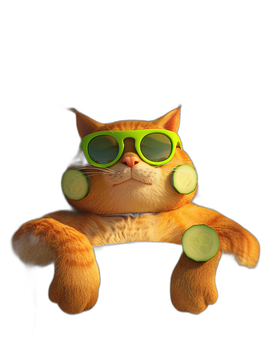 A cute orange cat wearing green sunglasses and cucumber slices on its face, lying down with its four paws outstretched to the side, with a 3D rendering effect on a black background.