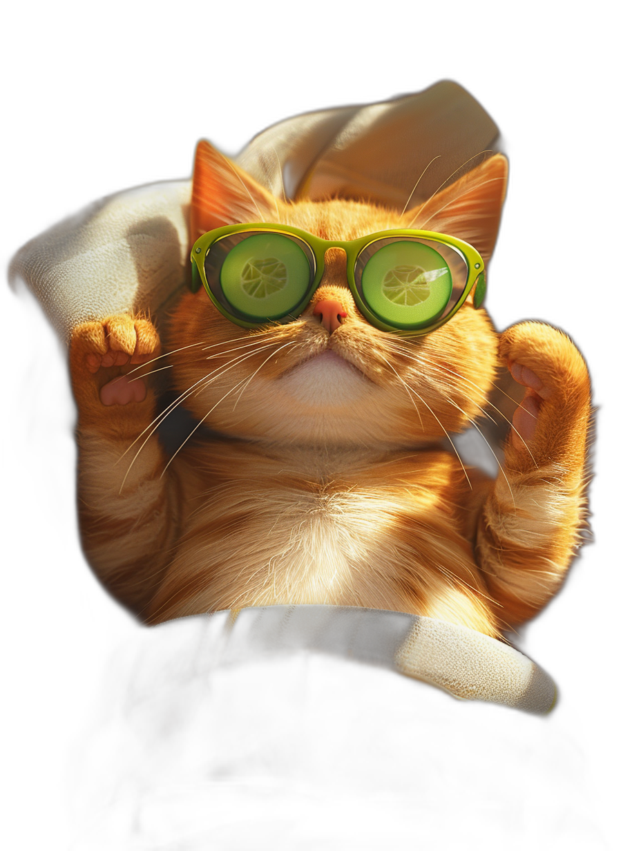 A cute ginger cat wearing sunglasses and cucumber on its forehead, sitting in the passenger seat of an air tour with his paw raised up, black background, Pixar style, cartoon