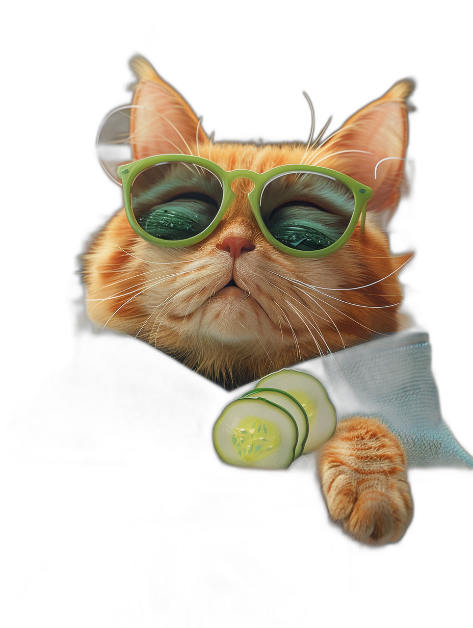 A ginger cat with green sunglasses holding a cucumber in his mouth, in the style of Star Trek with a black background, hyper realistic photographic style.