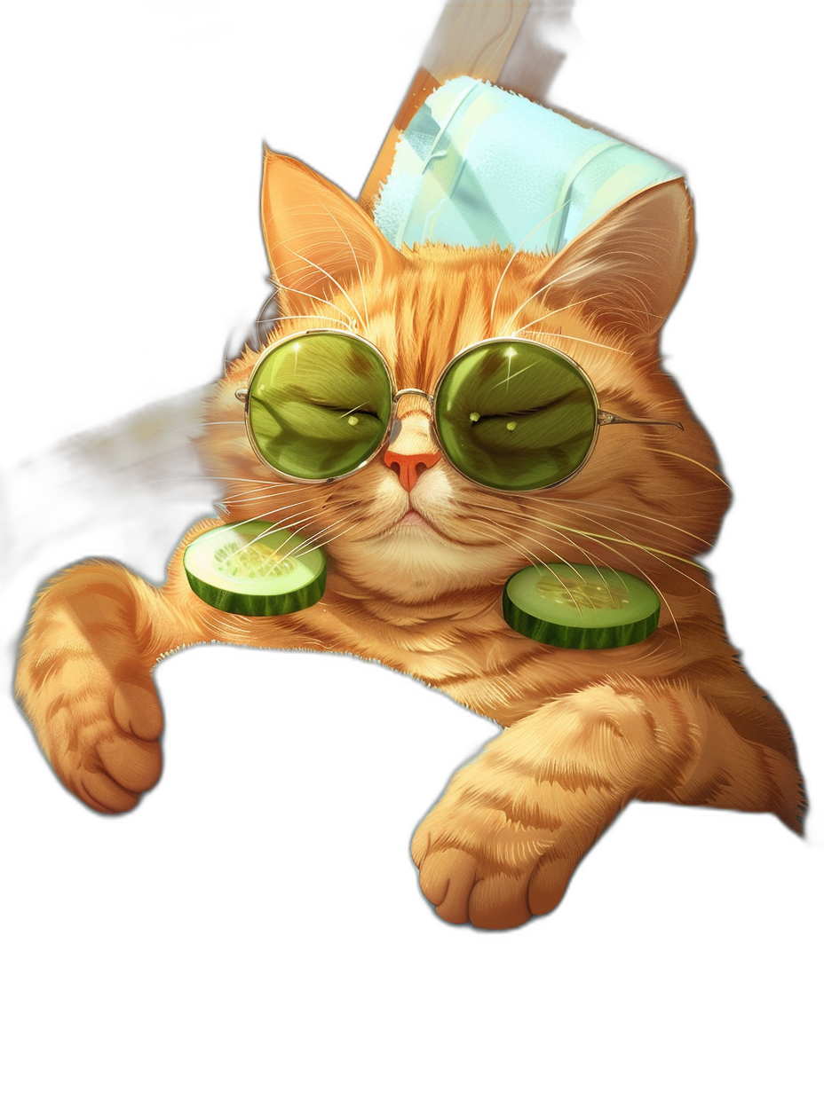 digital art of cute and fat orange cat , wear sunglasses with cucumber on its eye, black background , chill mood