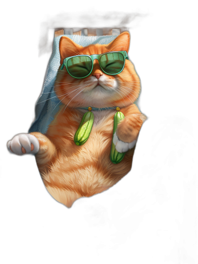 digital art of cute fat orange cat , wearing sunglasses and holding cucumber in hand, sitting on the pocket inside shirt , black background , chilling happy and funny