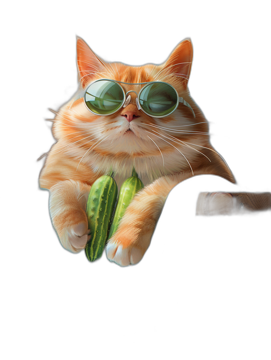 digital art of cool fat orange cat , wearing sunglasses and holding cucumber in hand, black background, chill expression , full body