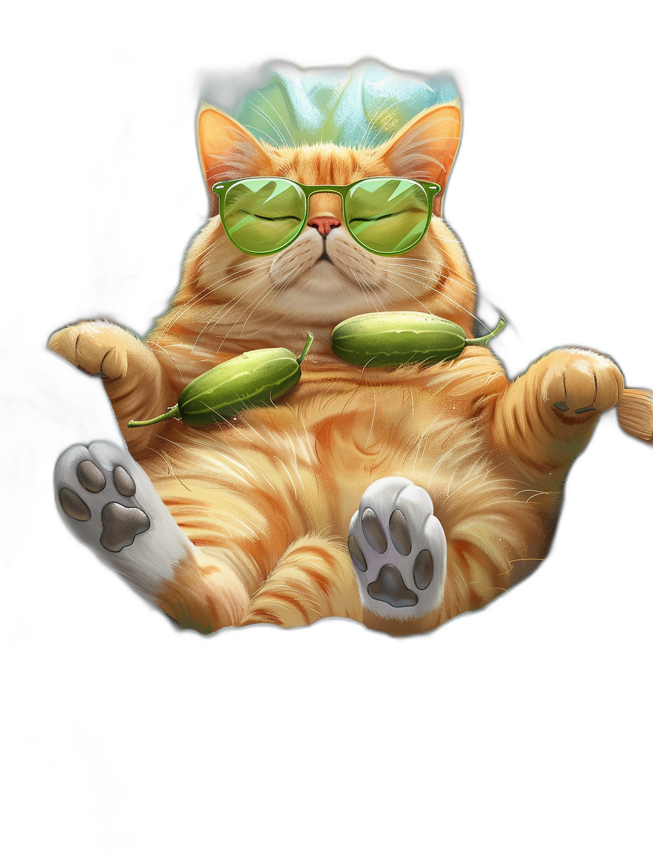 digital art of fat orange cat wearing green sunglasses and holding two long lays chips in each hand, white paws with black fur on toes , background is plain black color, cute and funny