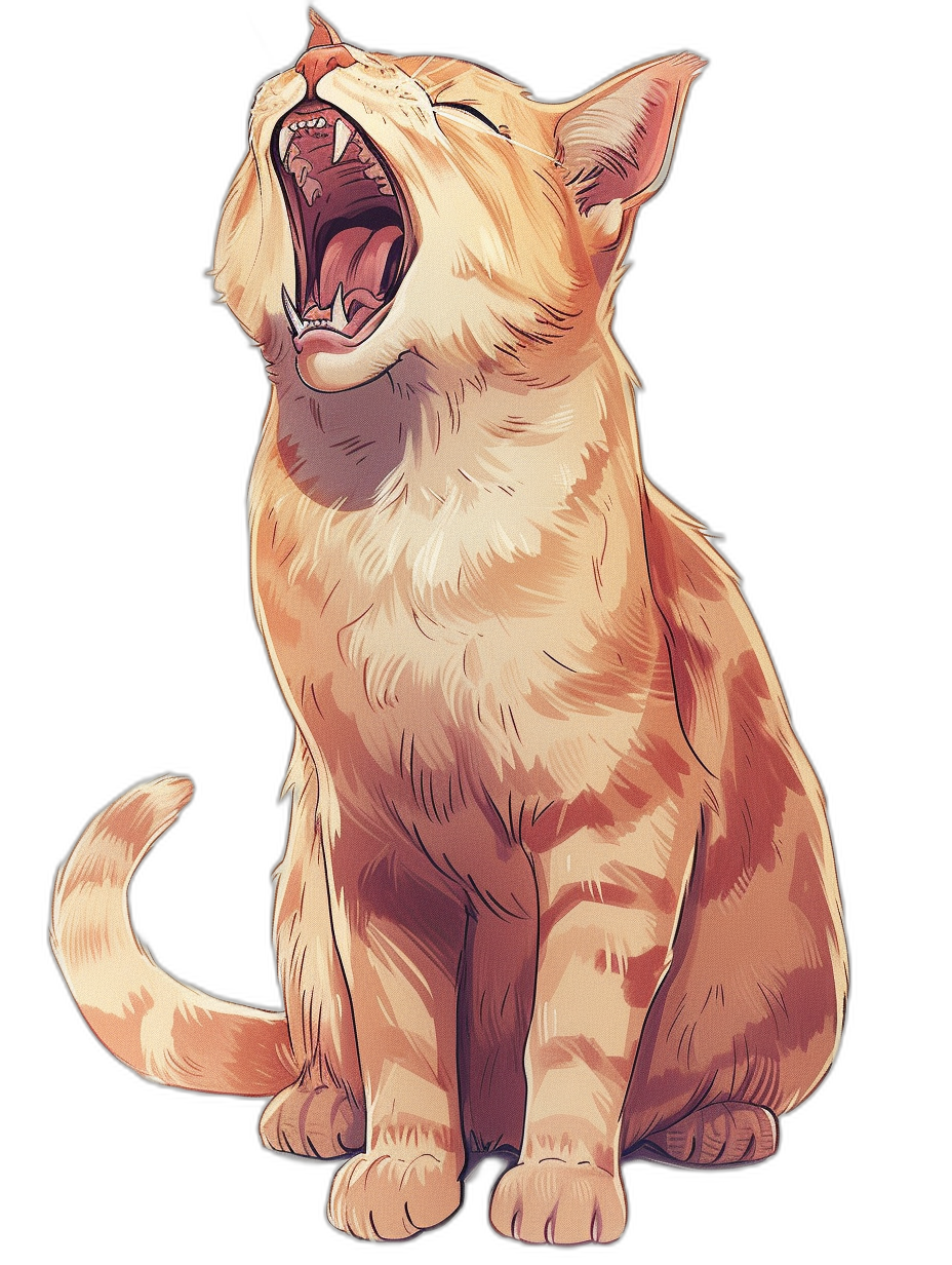 A cute cat, smiling and roaring with its mouth open, vector illustration style, full body portrait, pure black background, solid color background, no shadows on the face, anime art style, detailed character design, warm tones, high resolution, no text or letters in the picture, no word bubbles. It is a graphic illustration of an orange tabby American Shorthair female cat, smiling and laughing while opening her eyes wide. The artwork was created in the style of [Katsuya Terada](https://goo.gl/search?artist%20Katsuya%20Terada), a popular Japanese artist known for his vibrant colors and intricate details.