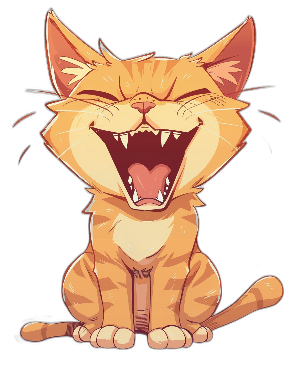 A cute cartoon illustration of an orange cat laughing in the style of vector art, solid black background, t-shirt design graphic with hyper details.