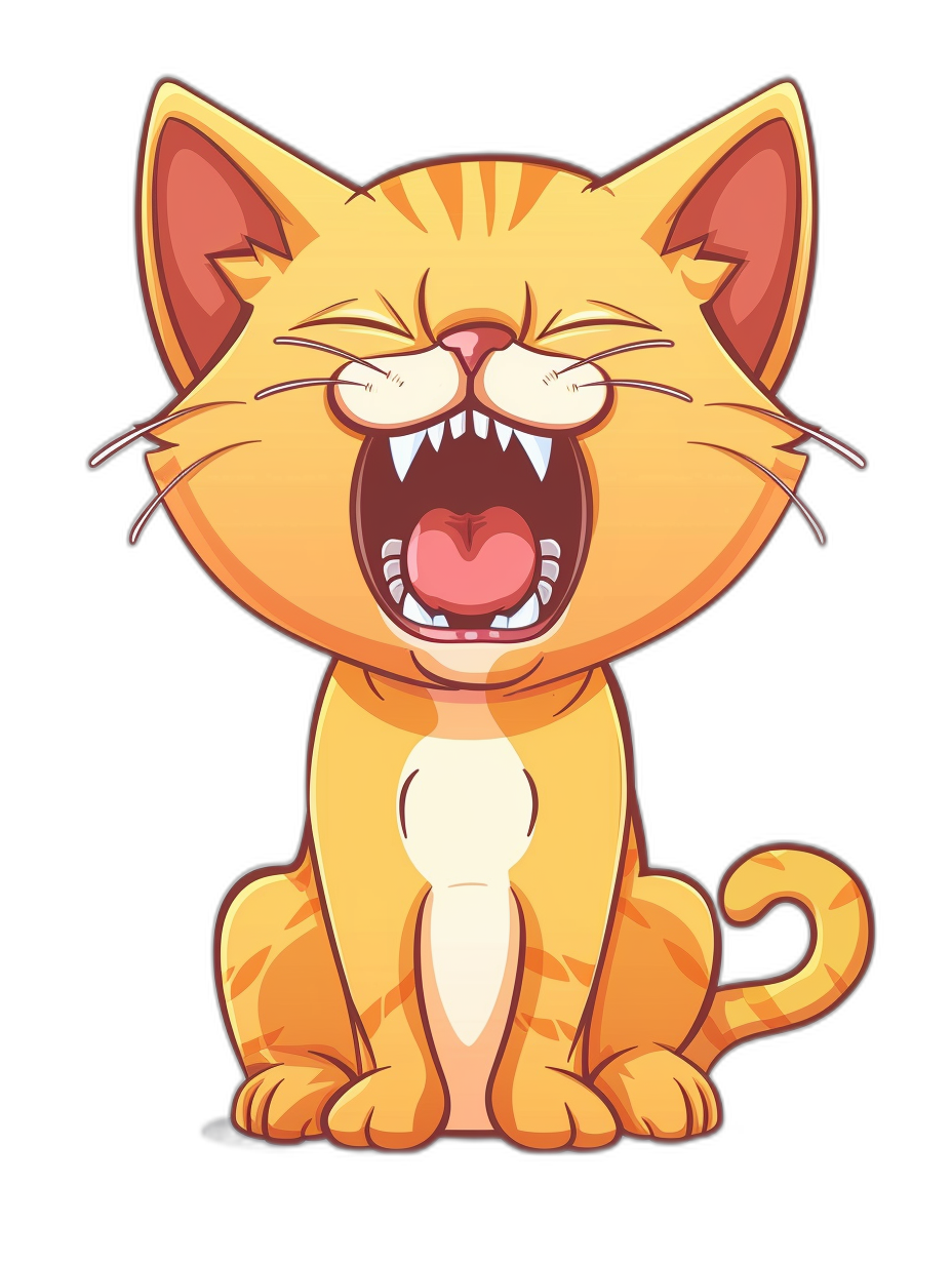 Cute cat cartoon vector clip art for stickers, laughing and yawn showing teeth, black background, clean edges. The artwork is in the style of laughing and yawn showing teeth, black background, clean edges.