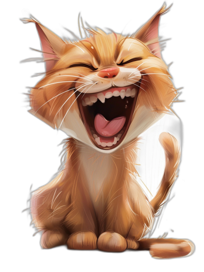 A cartoon illustration of an orange cat laughing in the style of vector art, on a black background, in the style of hyper realistic and hyper detailed digital painting, like those found on artstation featuring concept art, with smooth and sharp focus under soft lighting.