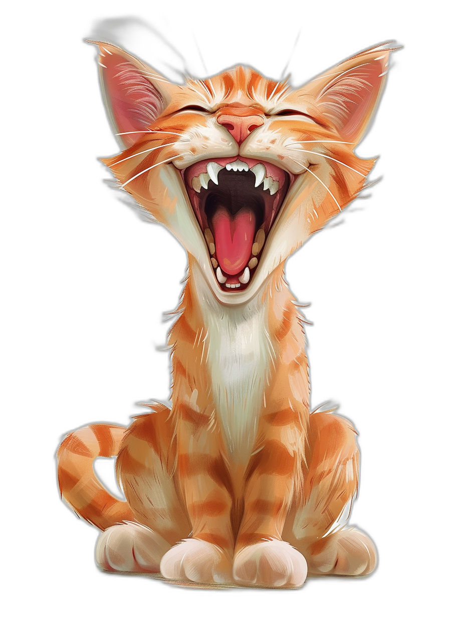 A cute cartoon illustration of an orange cat laughing with its mouth open, digital art in the style of [Artgerm](https://goo.gl/search?artist%20Artgerm) and [Greg Rutkowski](https://goo.gl/search?artist%20Greg%20Rutkowski), ultra detailed, hyper realistic, black background