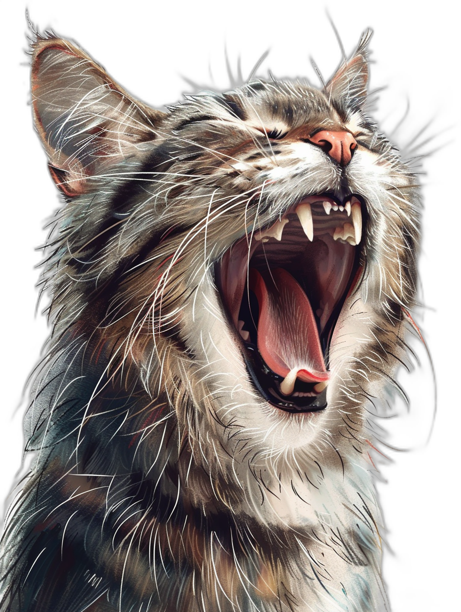 A cat is roaring, its mouth wide open and showing sharp teeth. The illustration has an airbrushed digital art style with a black background.